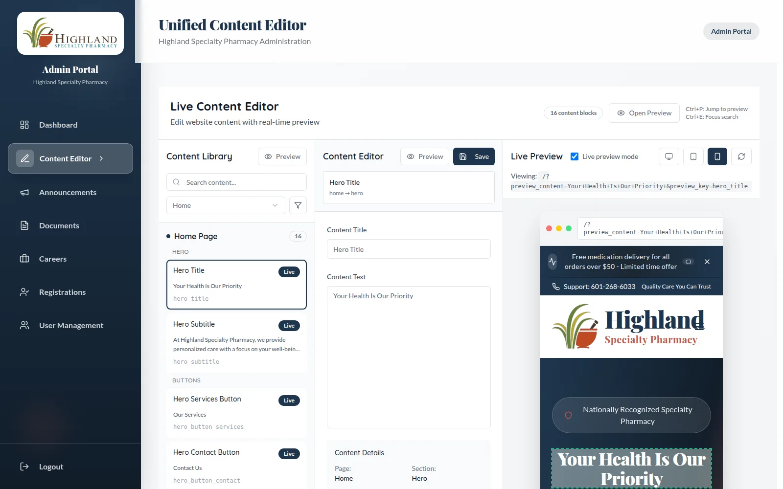 The same editor previewing the page at phone width.