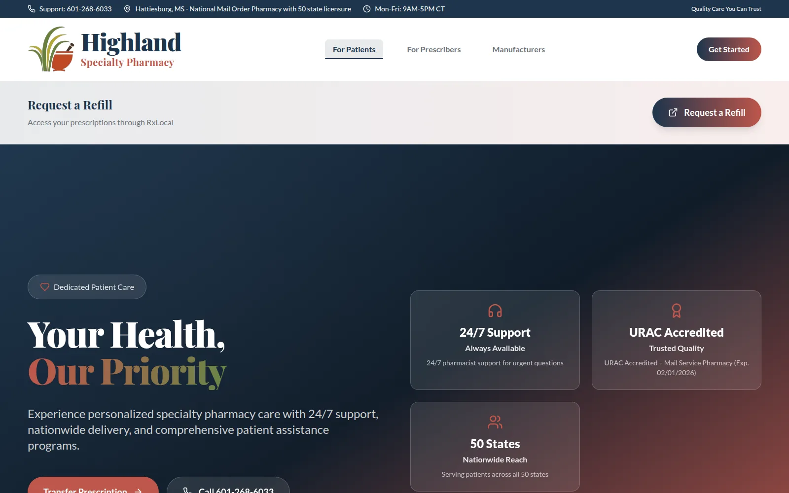 Patient hub with drug cards, enrollment forms and app links.
