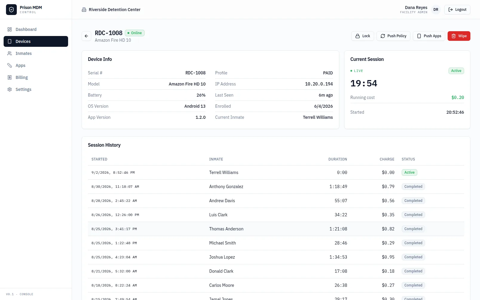 A device with a live paid session and its history.